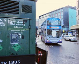 Air pollution monitor and buses Glasgow