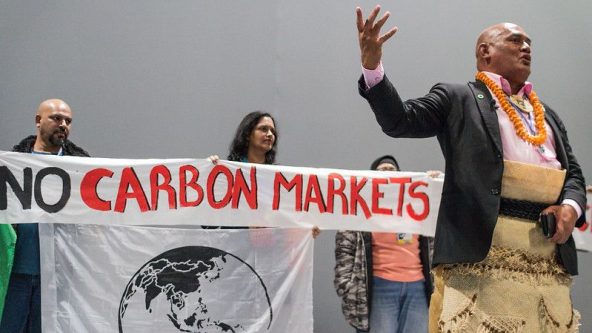 Protestors at the UN climate talks hold a banner reading 'No carbon markets'